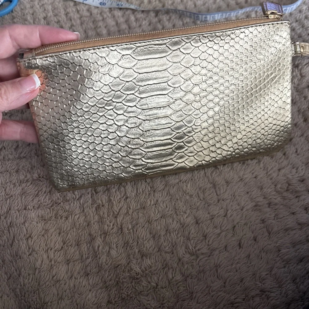 Sharif Gold Croc Embossed Makeup Bag/Clutch Wrist Strap Evening Bag